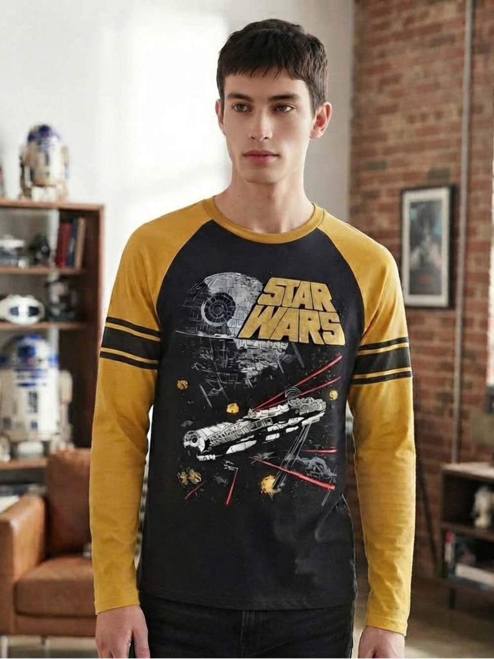 STAR WARS Retro Death Star Battle Raglan Tee M 19.5” p2p Black/Goldenrod EUC